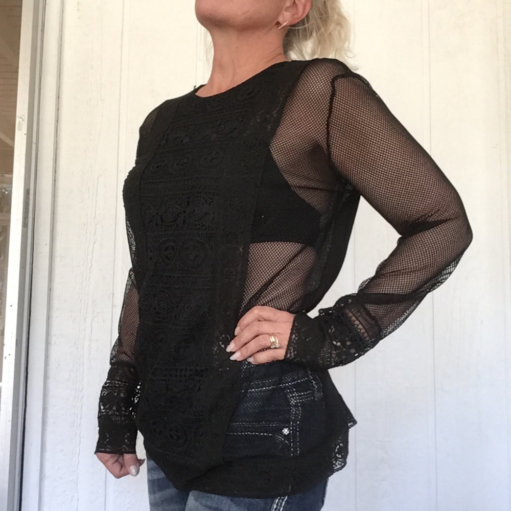 SHORELINE BLACK LACE MESH LONG SLEEVE TUNIC JUNIORS XL WOMENS MEDIUM NWT
